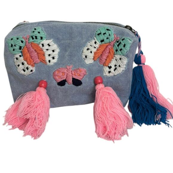 Raj LA Light Denim Blue Canvas Embroidered Tasseled Butterfly Cosmetic Bag NEW - Picture 1 of 7